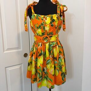 NWT - Farm Rio - Orange Chic Pears Citrus Print - Belted Mini Dress - Size S
